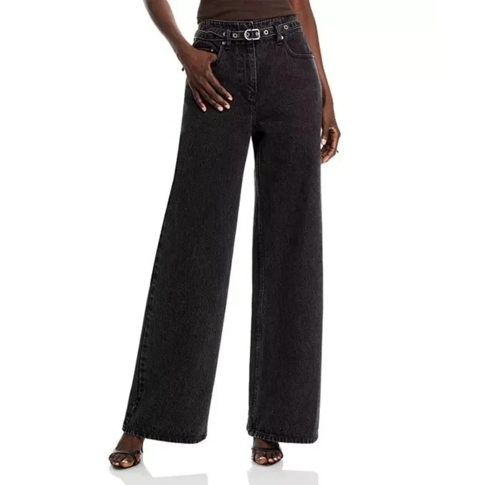 3.1 Phillip Lim High Rise Wide Leg Belted Jeans Womens 0 Washed Black $475